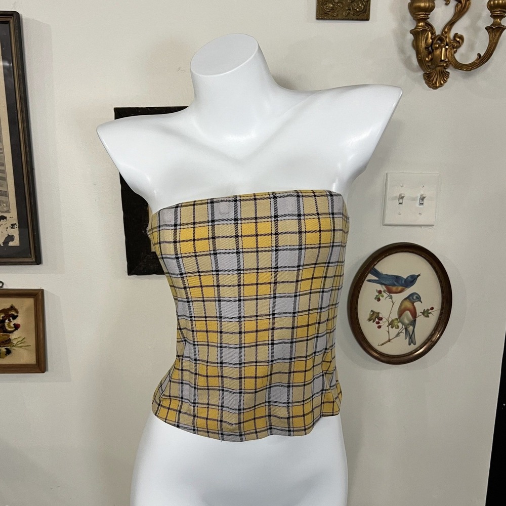 Miaou Yellow Plaid Bustier Corset Tube Top Exposed Back Zipper Size S